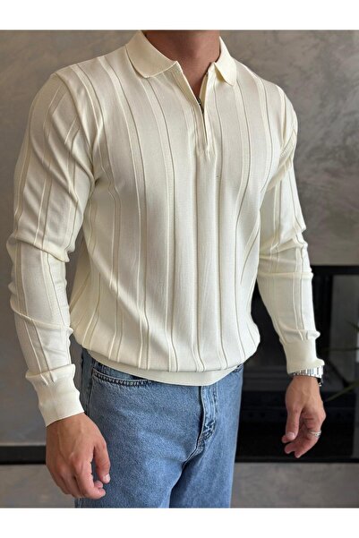 ECARTS Men's Regular Fit Half Zipper Ribbed Knit Sweater Cream Eca047