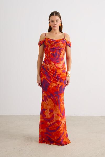 Carmen Orange Strap Embroidered Evening Dress