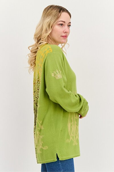 Christian Audigier Women V-Neck Embellished Sweater, Green/Gold