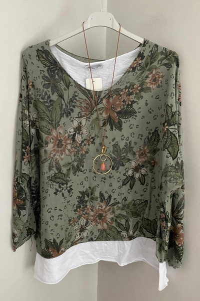 AYASOFYA OTANTIK Women's Italian Khaki Floral Patterned Collared Cotton Combe...