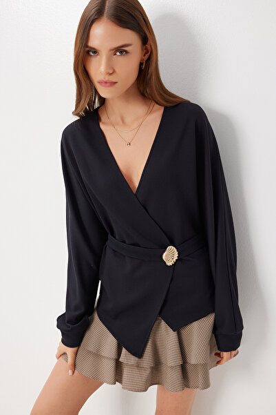 Lovelyİstanbul Double-Breasted Collar Belted Knitted Blouse Lfw0014 Black