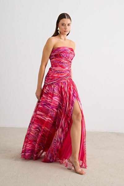 Carmen Fuşya Straplez Empirme Abiye Elbise