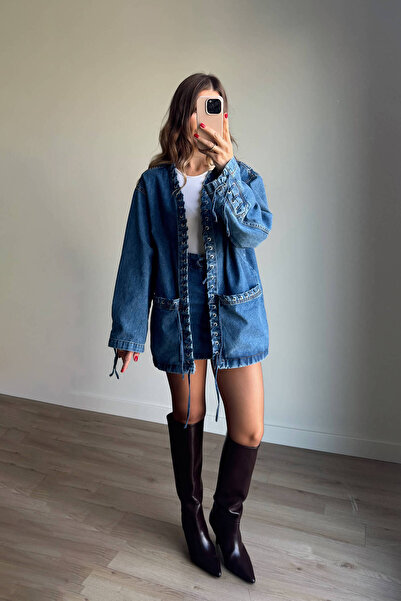 Sue Store Σετ μπουφάν με τζιν φούστα με λεπτομέρεια μπλε μάτι πουλιού