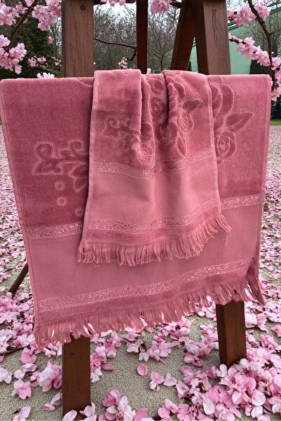 HAVLULAND GONCA ETAMİN İŞLEMELİK ANALI KIZLI HAVLU SETİ BÜYÜK 50X90 CM KÜÇÜK 30X50 CM KADİFE JAKARLI HAVLU