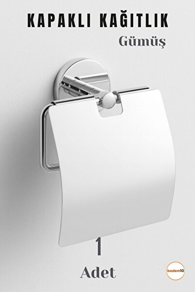 Badem10 Gümüş Krom Kapaklı WC Kağıt Aparatı Vidalı Paslanmaz Metal Duvar Tuva...