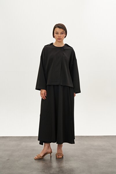 Mevra Double-Breasted Modal Skirt Jacket Bottom Top Set Black