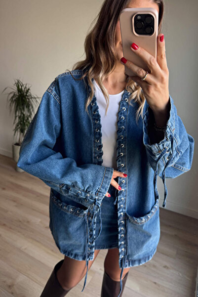 Sue Store Σετ μπουφάν με τζιν φούστα με λεπτομέρεια μπλε μάτι πουλιού