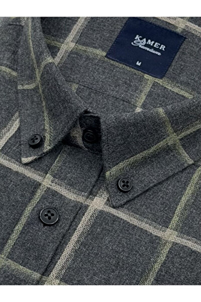 KAMER Men's Regular Fit Winter Long Sleeve Button-Up Collar Single Pocket Plaid Smoked Shirt 3845F