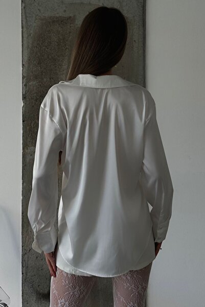 VAGGON Women's White Oversize Basic Satin Shirt Vs01304