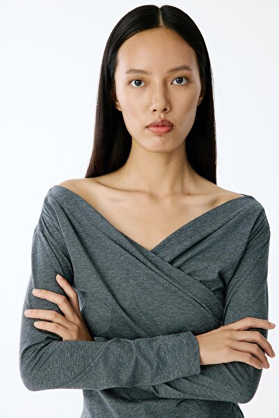 rue V-Neck Double-Breasted Anthracite Blouse