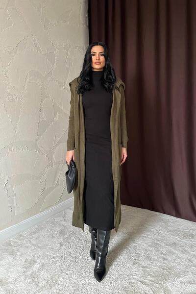 FASİON Kapüşonlu Sırtı Baskılı Cepli Uzun Hırka