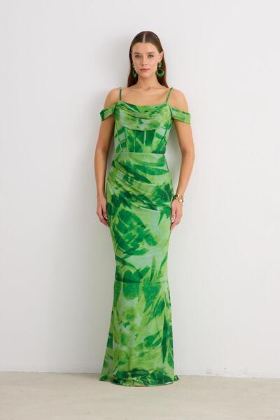 Carmen Fıstık Yeşili Askılı Empirme Abiye Elbise