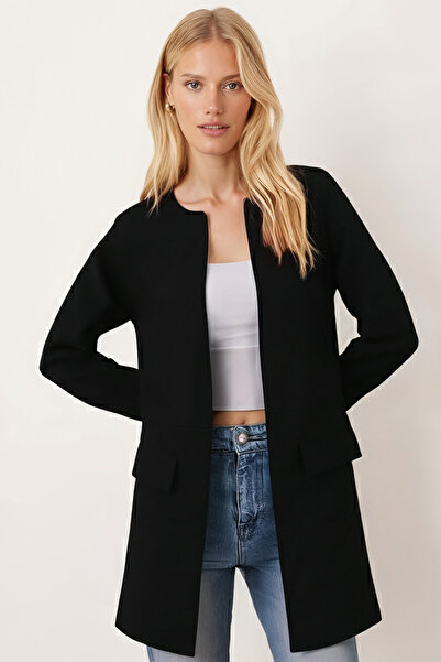 armonika Jachetă lungă neagră pentru femei cu cusături în talie ARM-26K001017