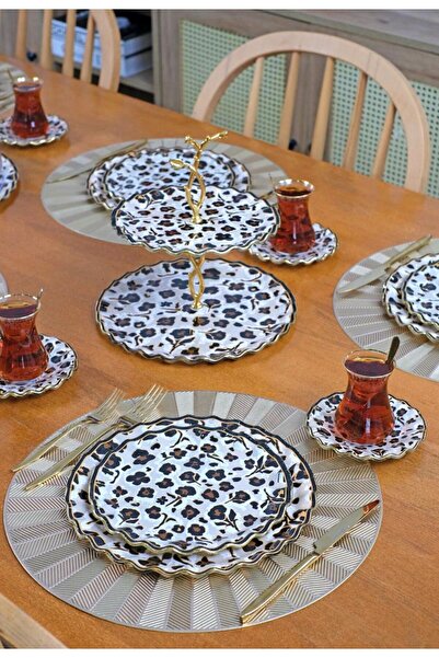 Onedekor 34 Parça Panthera Leopar Yaldızlı 6 Kişilik Pasta Çay Servis İkram Takımı