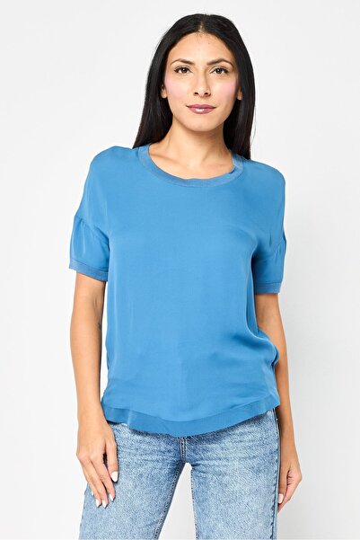 Lacoste Women Round Neck Short Sleeve Textured Tops, Blue
