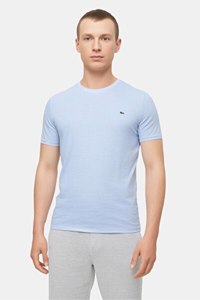 Lacoste تي شيرت رجالي مطرز بشعار بأكمام قصيرة ورقبة دائرية، أزرق