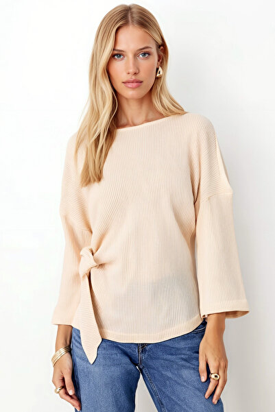 armonika Women's Ecru Crew Neck Soft Textured Batwing Sleeve Tie Front Blouse Arm-26K001021