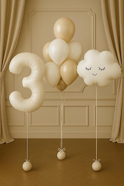 TATLI GÜNLER 3 Yaş Krem Kum Beji Balon Seti Bulut Folyo Doğum Günü Süsleri Parti Dekoru