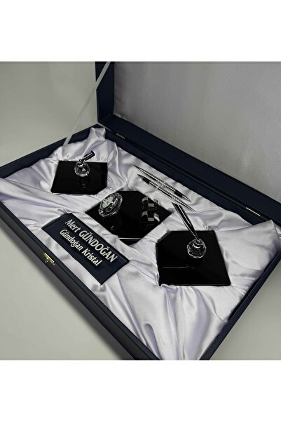 Gündoğan Kristal VIP Kalın Özel Füme Cam Masa İsimlik Hediyelik Deri Kutu ve ...