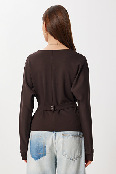 Lovelyİstanbul Double-Breasted Collar Belted Knitted Blouse Lfw0014 Brown
