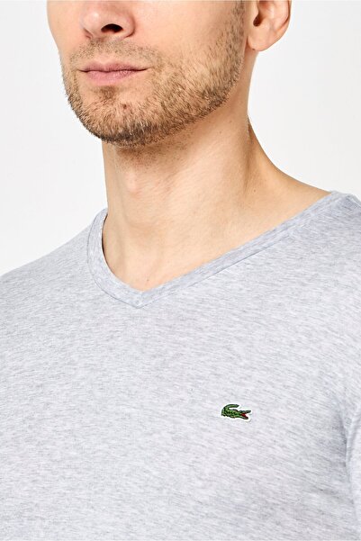 Lacoste Men V-Neck Short Sleeve Embroidered Logo T-Shirt, Grey