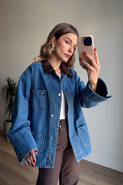 Sue Store Μπλε δερμάτινο τζιν μπουφάν με γιακά