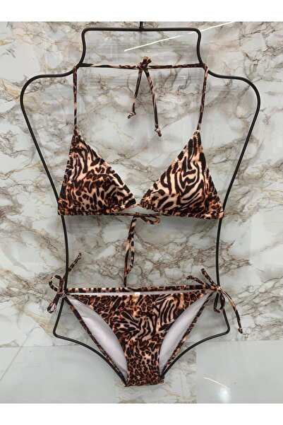 VAJESTO Kadın Kahverengi Leopar Desen Üçgen Bikini Takım Likralı Esnek Yandan Boyundan Bağlamalı Şık İpli