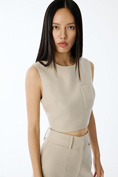 rue Wool Textured Crop Beige Blouse