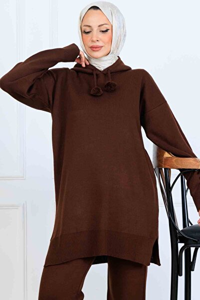 benguen με κουκούλα Σετ πλεκτών ενδυμάτων S1079 Καφέ