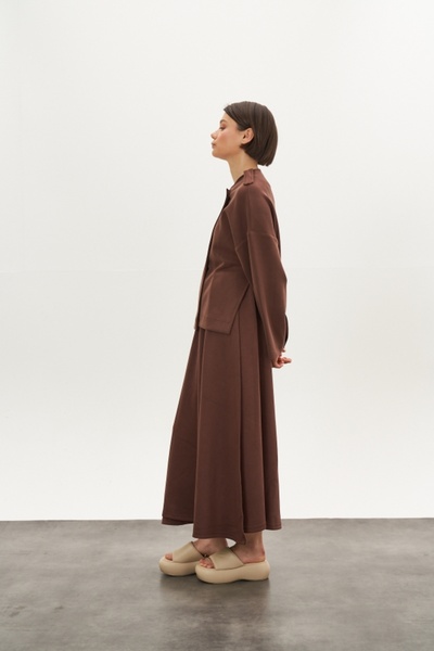 Mevra Double-Breasted Modal Skirt Jacket Bottom Top Set Brown