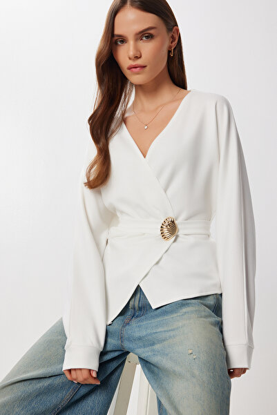 Lovelyİstanbul Double-Breasted Collar Belted Knitted Blouse Lfw0014 Ekru