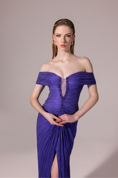 Kenzel Pliseli Yırtmaçlı Abiye Elbise