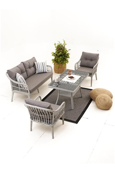 Divona Home Çeşme Rattan Bahçe Oturma Grubu (2+1+1+MASA) - Gri