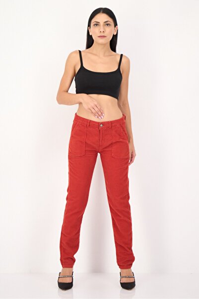 Reiko Women Regular Fit Mid Rise Textured Corduroy Pants, Red