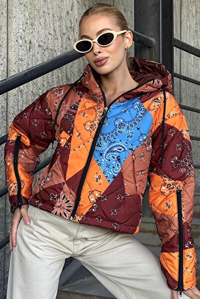 VAGGON Women's Mix Hooded Sleeve Zippered Quilted Puffer Jacket Vs01300