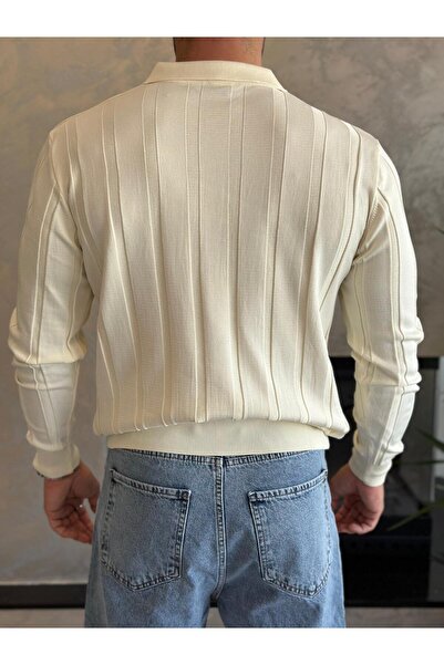 ECARTS Men's Regular Fit Half Zipper Ribbed Knit Sweater Cream Eca047