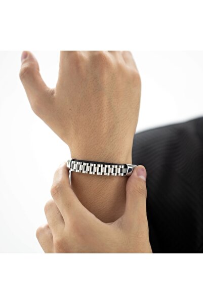 Tessero Brățară bărbătească din piele și oțel inoxidabil, model cu lanț, placată cu aur de 18K, închidere cu clip, Tessero, neagră