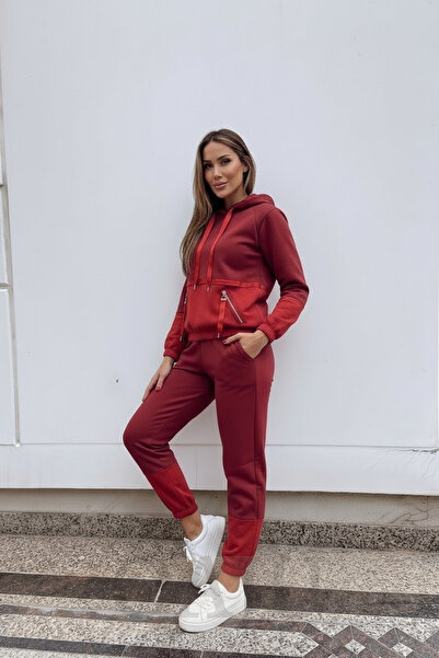 Qaju Women's Parachute Garnished Burgundy Tracksuit Set