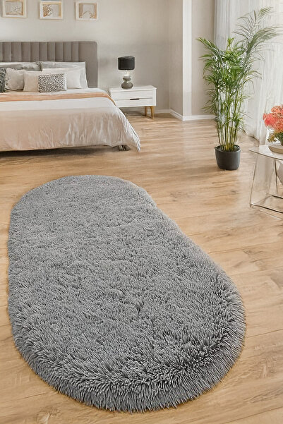Gri Oval Post Halı Peluş Yumuşak Kaymaz Dot Taban Makinada Yıkanabilir Koridor