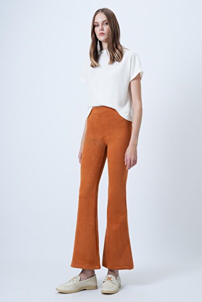 VAGGON Kadın Tarçın Beli Lastikli İspanyol Paça Süet Pantolon Vs01293