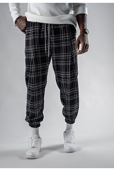 Superbluemexico Unisex Jacquard Plaid Patterned Jogger Pants
