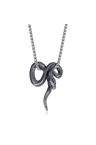 Tessero Colier cu design cubic și pandantiv șarpe spiralat, placat cu argint,...