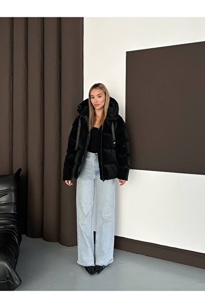 timagna Kadın Siyah Kadife Şişme Mont Kapüşonlü Yeni Sezon Dış Giyim