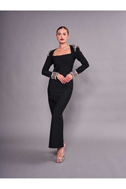 SERPİL Kare Yaka Taş Detaylı Uzun Abiye Elbise 51066