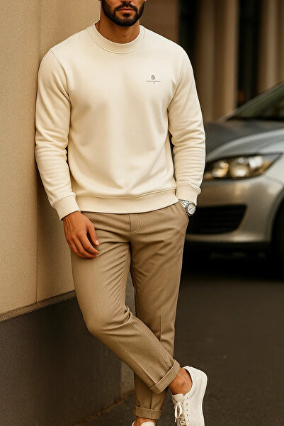 SILVANO Men's Comfort Fit Casual Embroidered Cream Sweatshirt