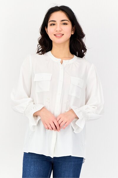 Notations Women Band Collar Plain Long Sleeves Shirts, White