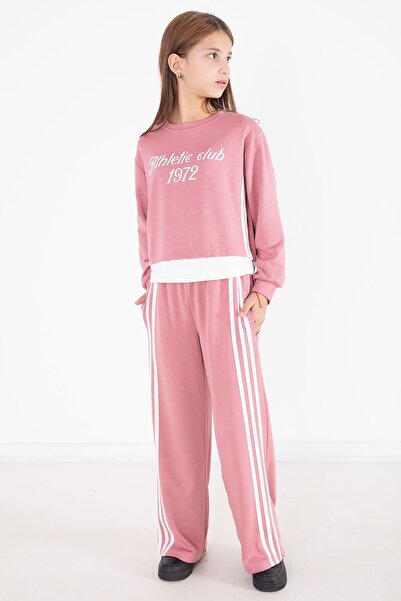 Cansın Mini Pink Stripe Detailed Lettered Wide Leg Girls' Suit 22773