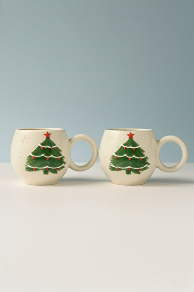Home Yılbaşı Çam Ağacı Desenli 2’li El Yapımı Ece Kupa Seti – Kahve & Çay Fincanı Mug