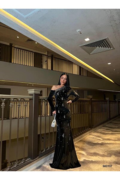 Modafeminen Kadife Esnek Kumaş Tek Omuz Taş İşleme Detaylı Abiye Elbise 583137 SİYAH