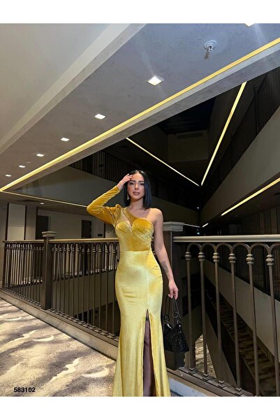 Modafeminen Rochie de seară din țesătură elastică din catifea, cu un singur umăr, decoltată în față, cu detalii de piatră 583102 GALBEN